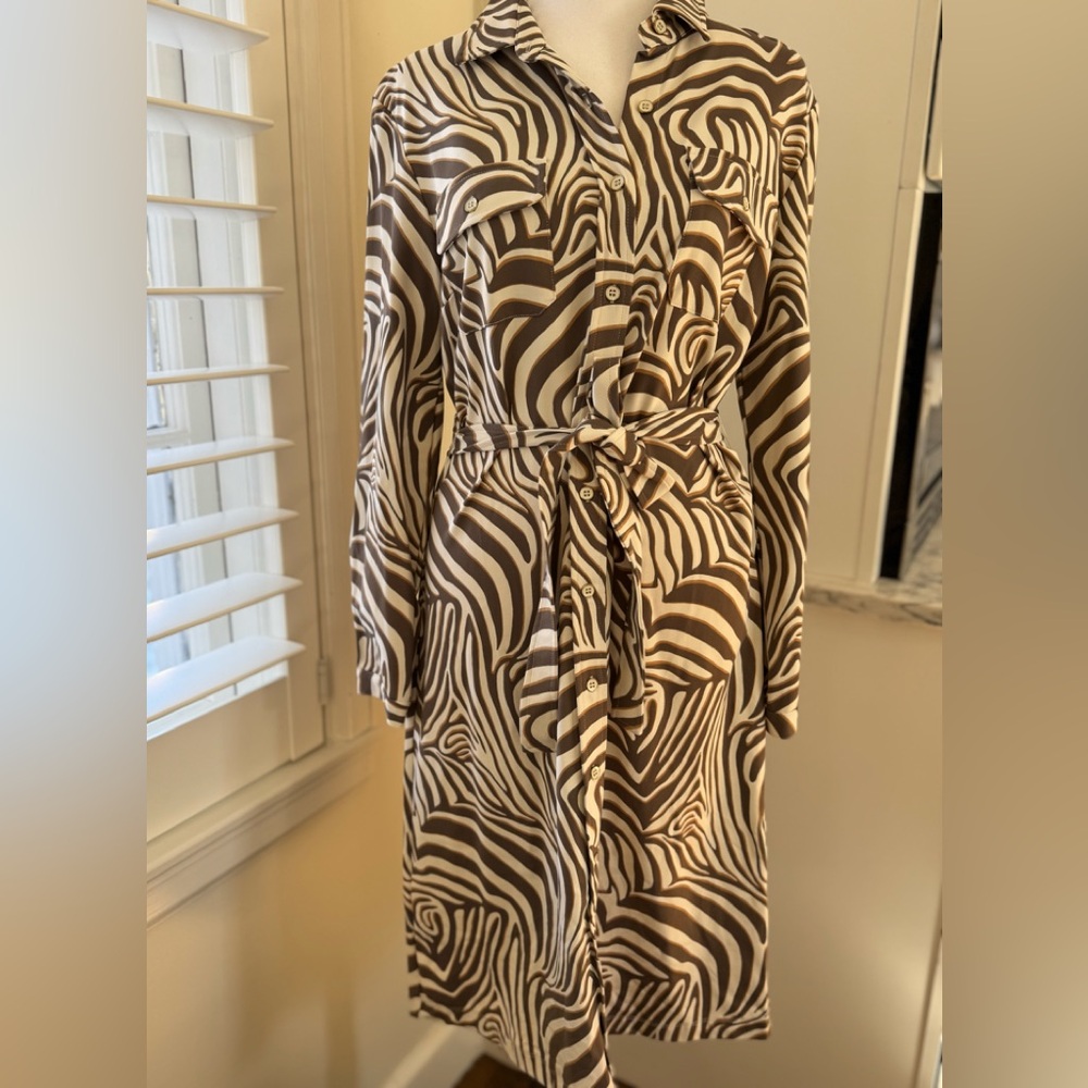 J McLaughlin NWT Brown and White Zebra Print Shirt Dress M